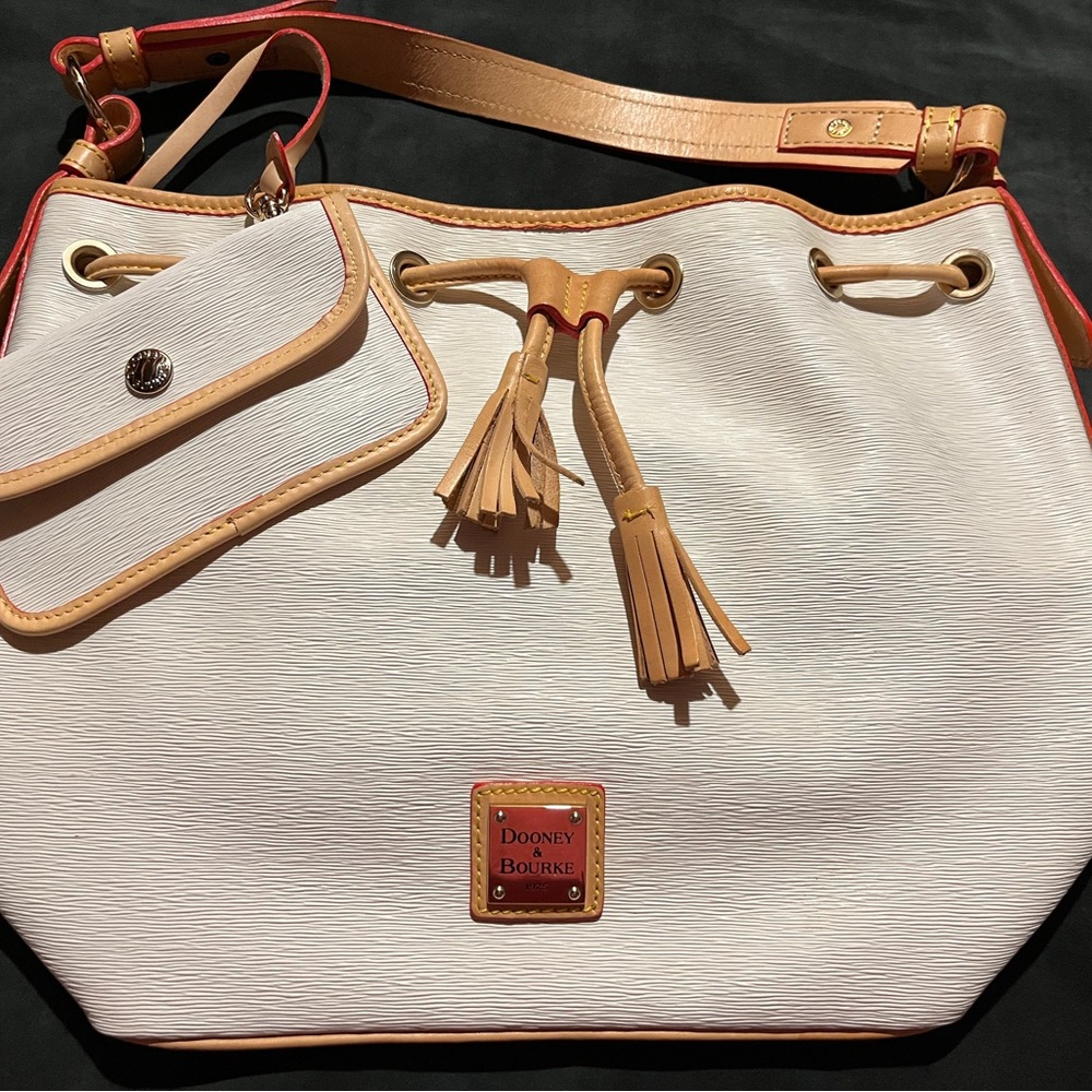 Dooney & Bourke White and Tan Shoulder Bag with Leather Trim